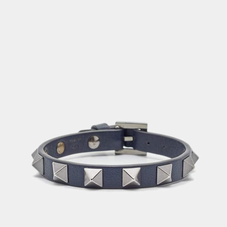 Pre Owned Valentino Navy Blue Leather Rockstud Gunmetal Tone Bracelet