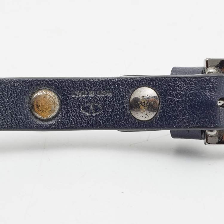 Pre Owned Valentino Navy Blue Leather Rockstud Gunmetal Tone Bracelet