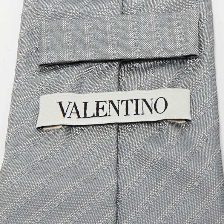 Pre Owned Valentino Grey Striped Silk Tie