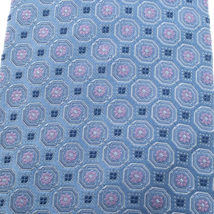 Pre Owned Valentino Blue and Pink Floral Patterned Silk Jacquard Tie