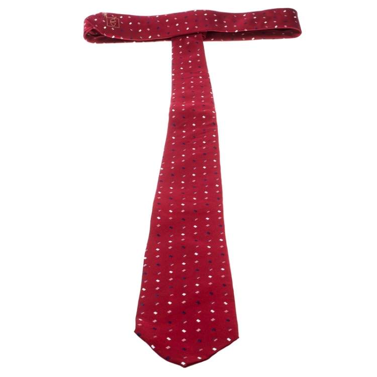Pre Owned Valentino Red Embroidered Silk Jacquard Traditional Tie