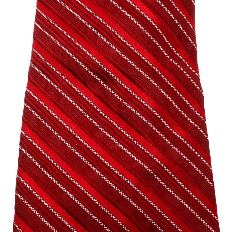 Pre Owned Valentino Red and White Striped Silk Jacquard Traditional Tie