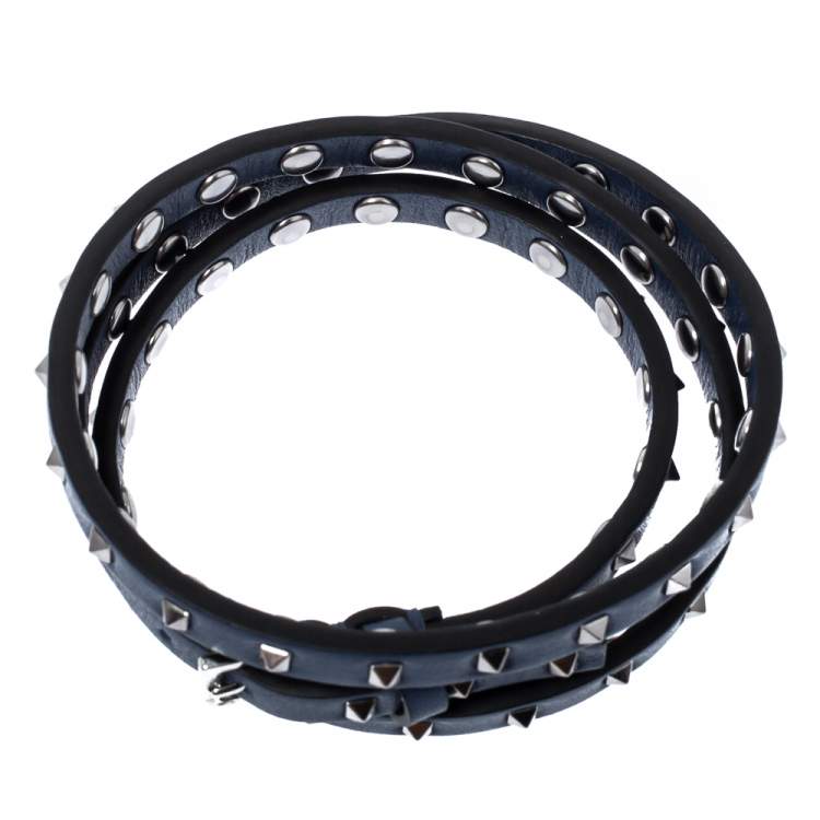 Pre Owned Valentino Rockstud Navy Blue Leather Multi Wrap Bracelet