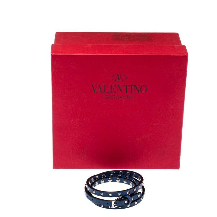 Pre Owned Valentino Rockstud Navy Blue Leather Multi Wrap Bracelet
