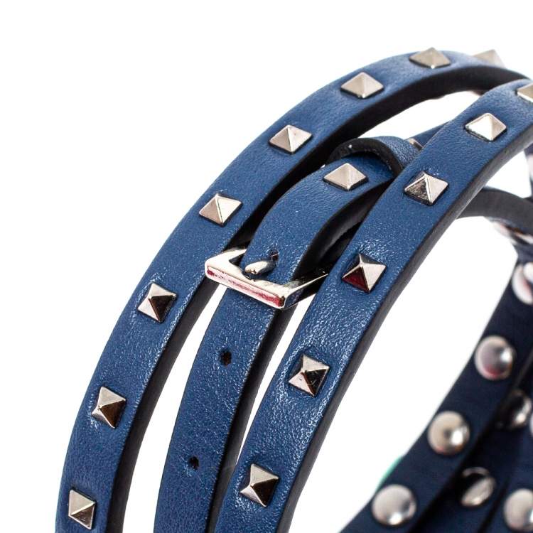Pre Owned Valentino Rockstud Navy Blue Leather Multi Wrap Bracelet