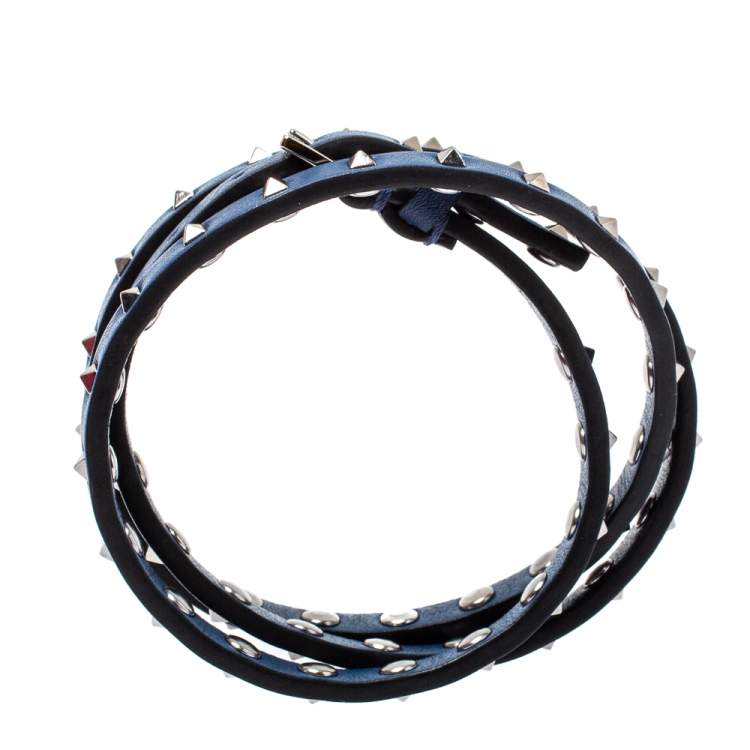 Pre Owned Valentino Rockstud Navy Blue Leather Multi Wrap Bracelet