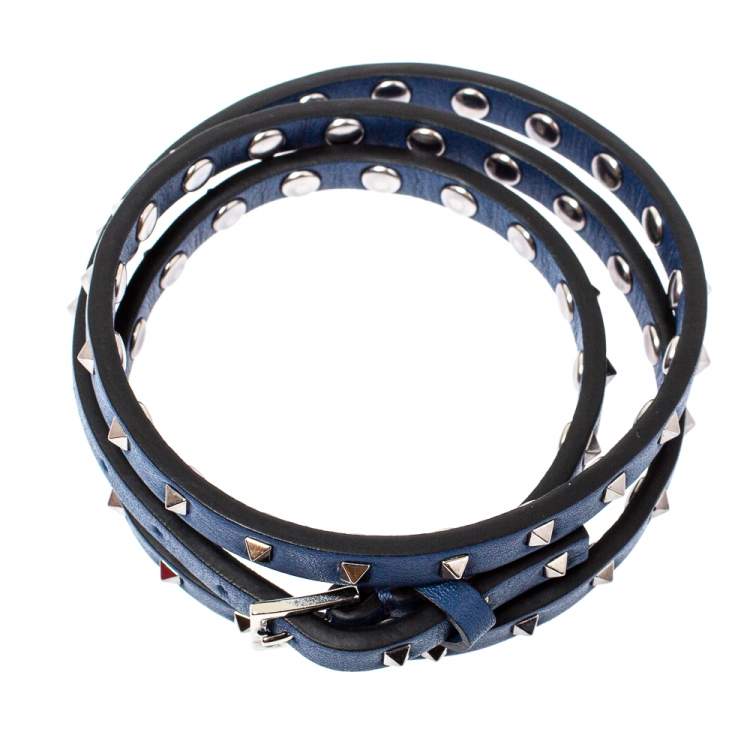 Pre Owned Valentino Rockstud Navy Blue Leather Multi Wrap Bracelet