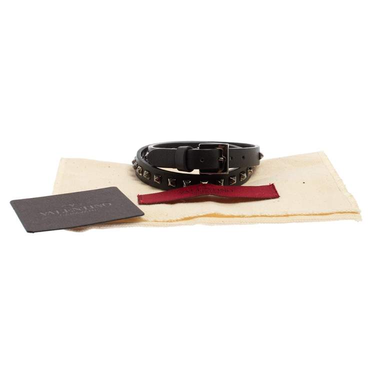 Pre Owned Valentino Rockstud Black Leather Gunmetal Tone Wrap Bracelet