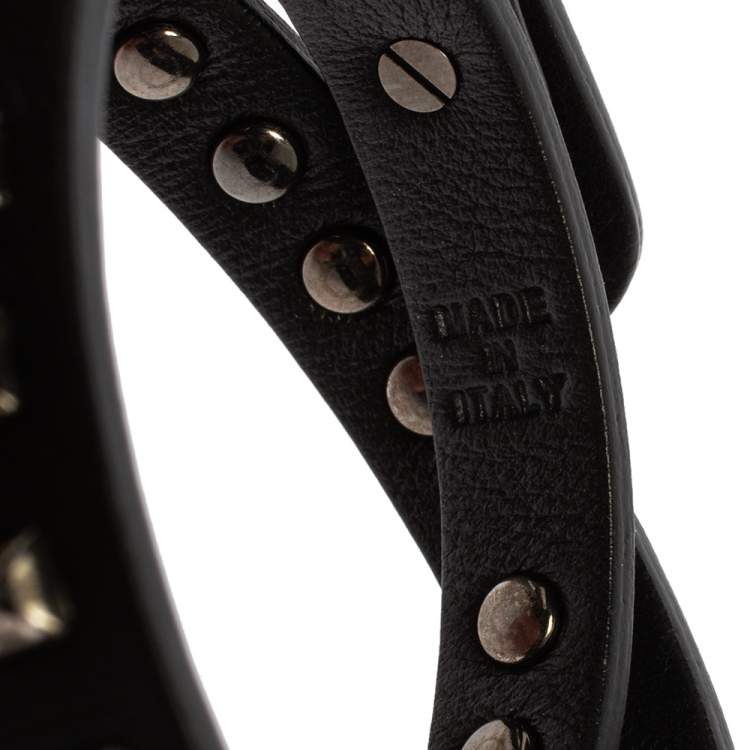 Pre Owned Valentino Rockstud Black Leather Gunmetal Tone Wrap Bracelet