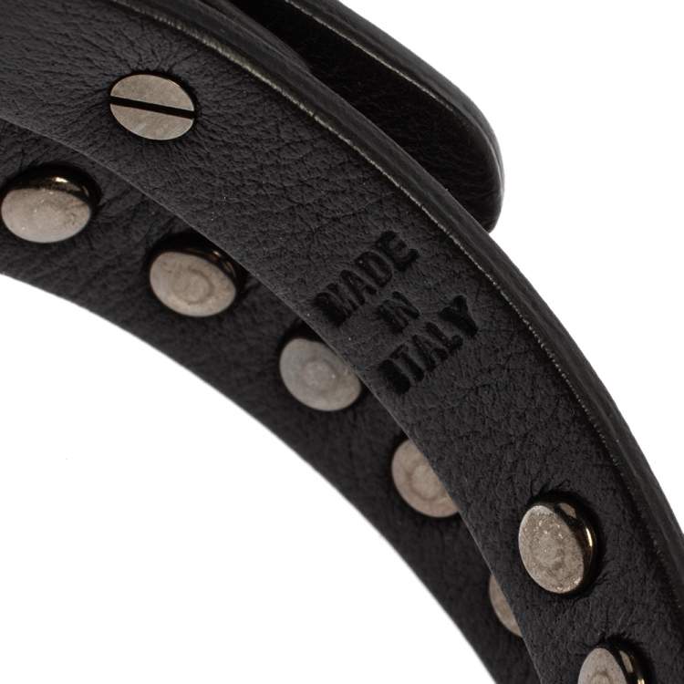 Pre Owned Valentino Rockstud Black Leather Gunmetal Tone Wrap Bracelet