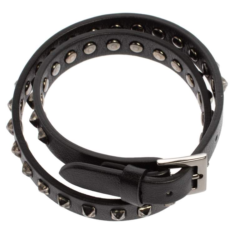 Pre Owned Valentino Rockstud Black Leather Gunmetal Tone Wrap Bracelet
