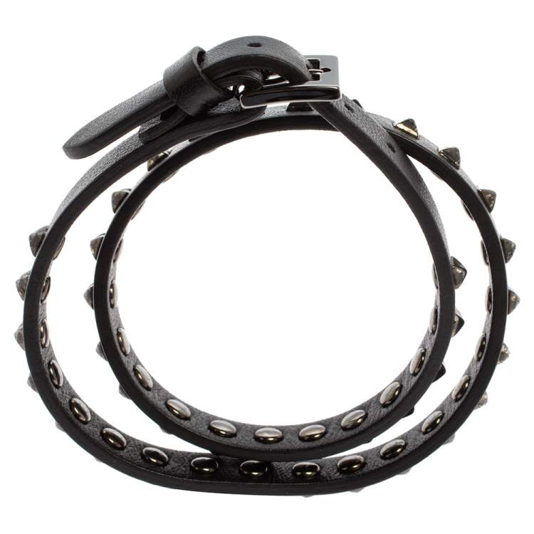 Pre Owned Valentino Rockstud Black Leather Gunmetal Tone Wrap Bracelet