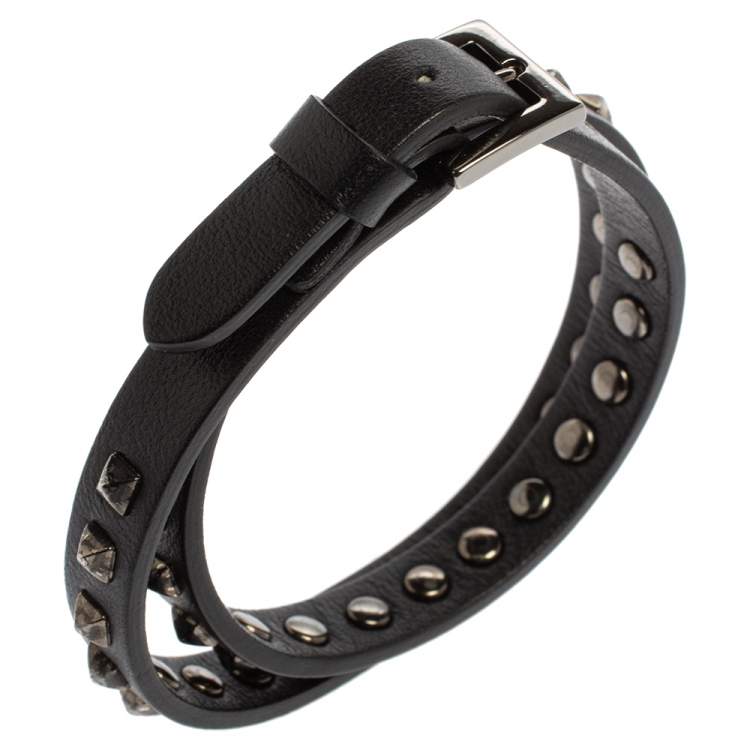 Pre Owned Valentino Rockstud Black Leather Gunmetal Tone Wrap Bracelet