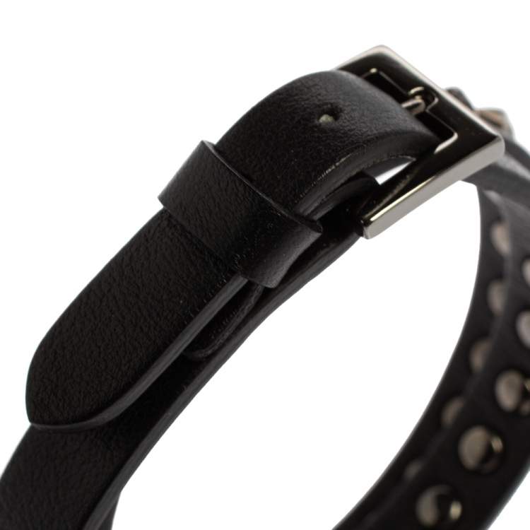 Pre Owned Valentino Rockstud Black Leather Gunmetal Tone Wrap Bracelet