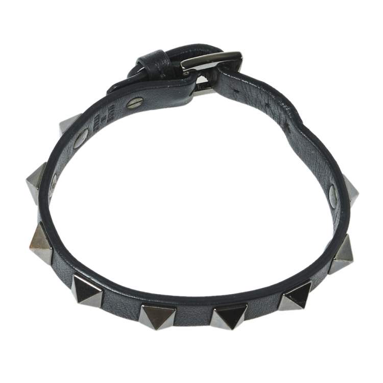 Pre Owned Valentino Black Leather Rockstud Wrap Bracelet