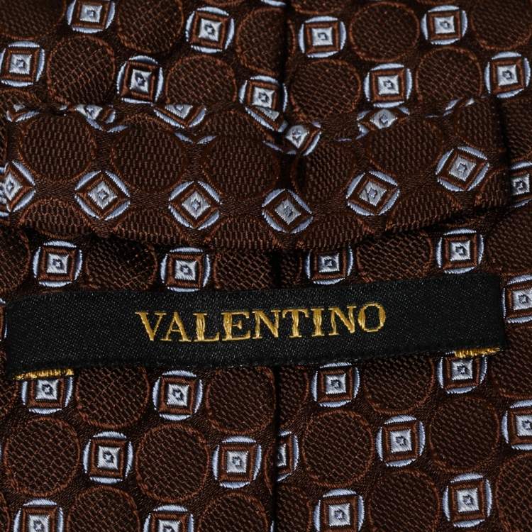 Pre Owned Valentino Brown Geometric Motif Jacquard Silk Tie