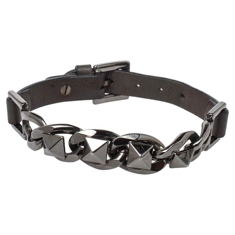 Pre Owned Valentino Gunmetal Tone Chain Rockstud Leather Wrap Bracelet