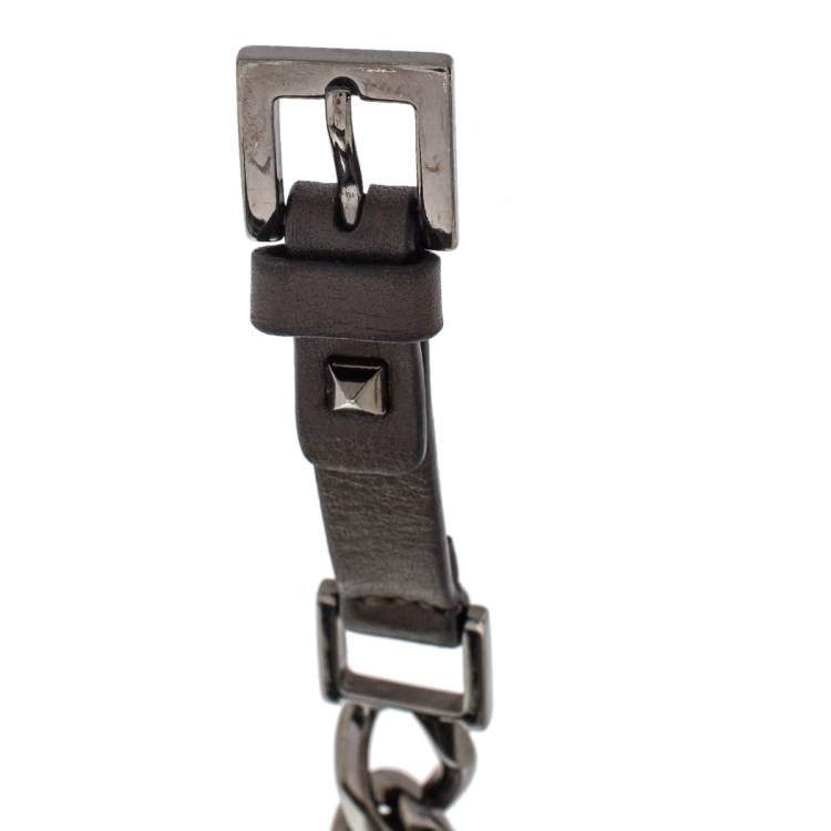 Pre Owned Valentino Gunmetal Tone Chain Rockstud Leather Wrap Bracelet