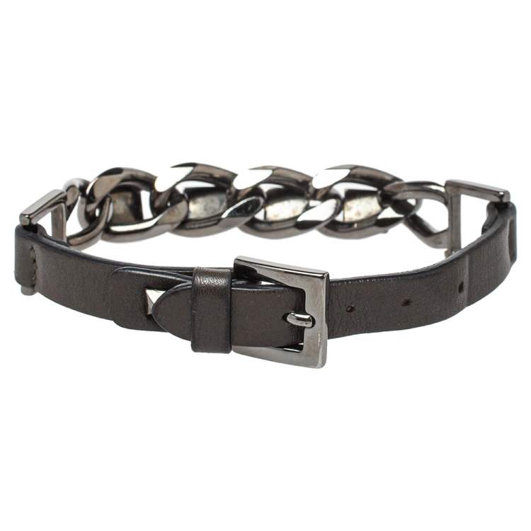 Pre Owned Valentino Gunmetal Tone Chain Rockstud Leather Wrap Bracelet