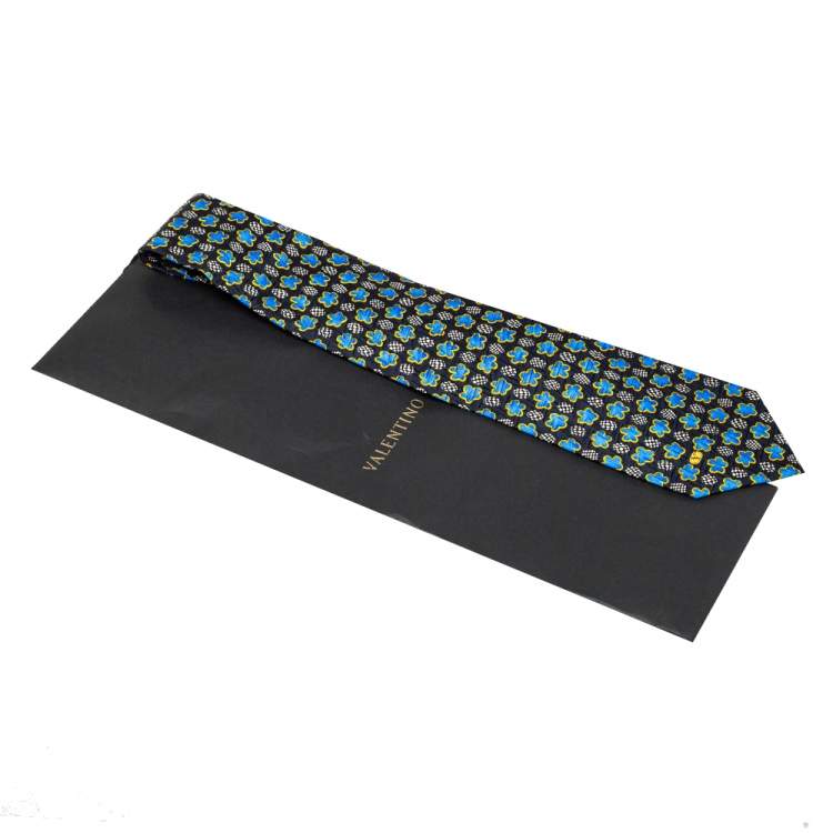 Pre Owned Valentino Vintage Black Floral Print Jacquard Silk Tie