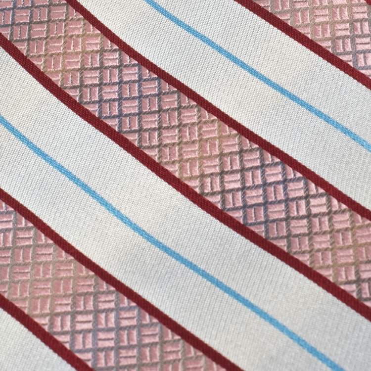 Pre Owned Valentino White & Pink Diagonal Textured Stripe Silk Tie
