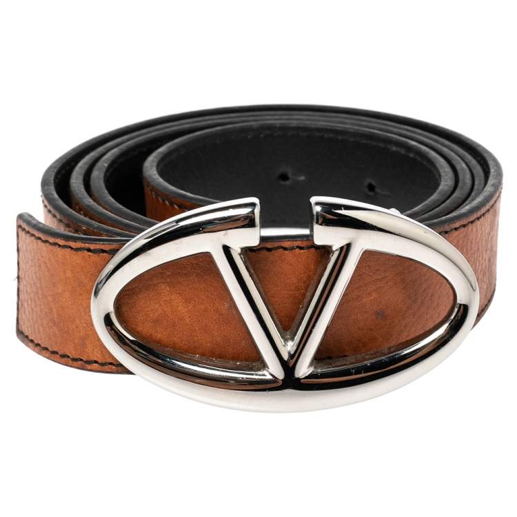 Pre Owned Valentino Tan/Black Leather V Logo Reversible Buckle Belt 105CM