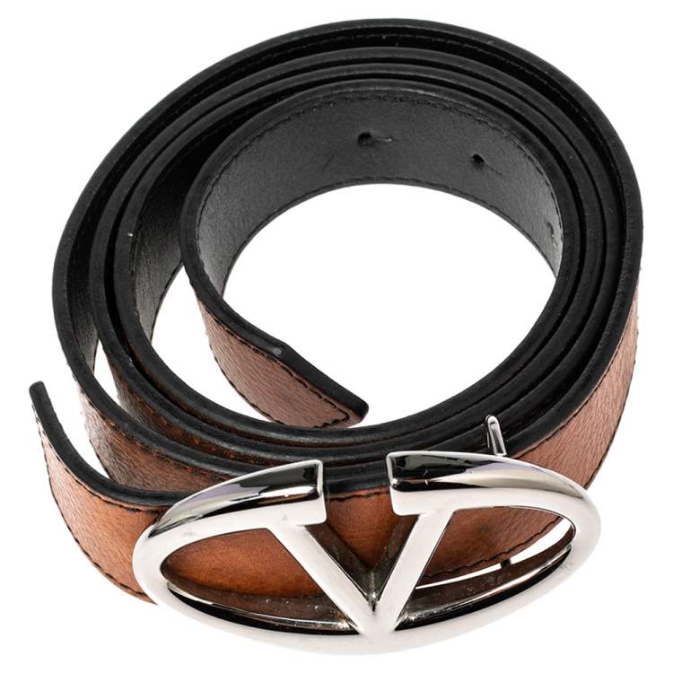 Pre Owned Valentino Tan/Black Leather V Logo Reversible Buckle Belt 105CM