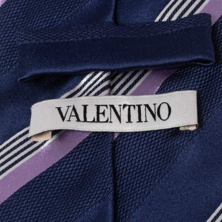Pre Owned Valentino Blue Diagonal Striped Classic Silk Tie 
