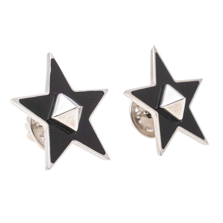 Pre Owned Valentino Black Enamel Rockstud Star Pin Brooch Set of 2