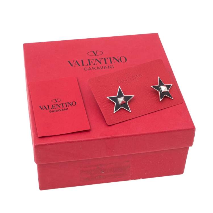 Pre Owned Valentino Black Enamel Rockstud Star Pin Brooch Set of 2