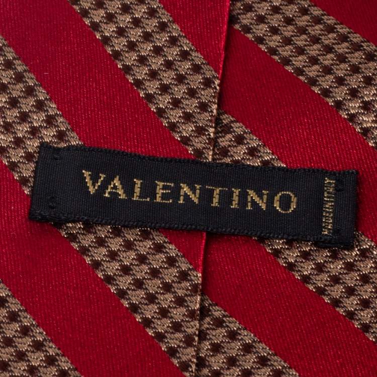 Pre Owned Valentino Red & Gold Stripe Silk Tie