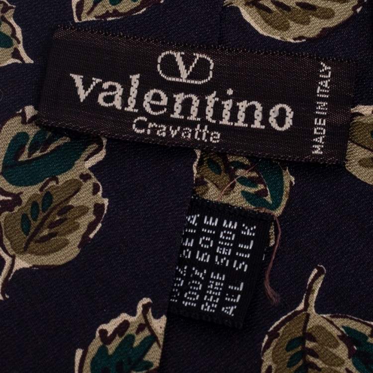 Pre Owned Valentino Black Leaf Printed Silk Tie 