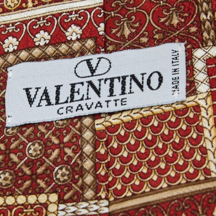Pre Owned Valentino Vintage Red Patchwork Print Traditional Silk Tie