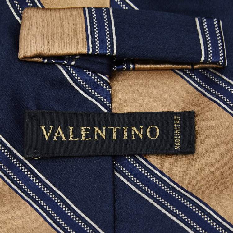 Pre Owned Valentino Vintage Gold & Blue Striped Silk Tie