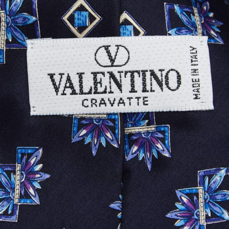 Pre Owned Valentino Vintage Navy Blue Floral Print Silk Tie