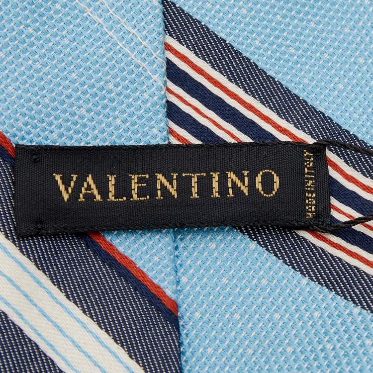 Pre Owned Valentino Blue Striped Cotton Silk Tie