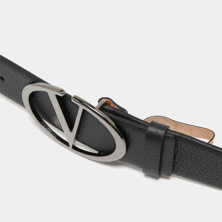 Pre Owned Valentino Black Leather V Logo Buckle Belt 110 CM