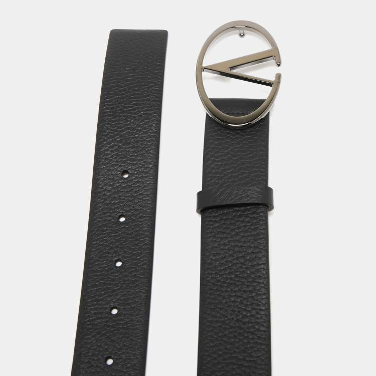 Pre Owned Valentino Black Leather V Logo Buckle Belt 110 CM