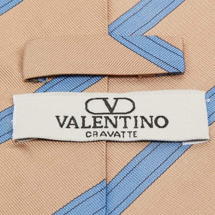 Pre Owned Valentino Beige & Blue Diagonal Striped Silk Vintage Tie 