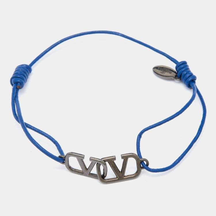 Pre Owned Valentino Garavani Blue Leather Cord VLogo Bracelet