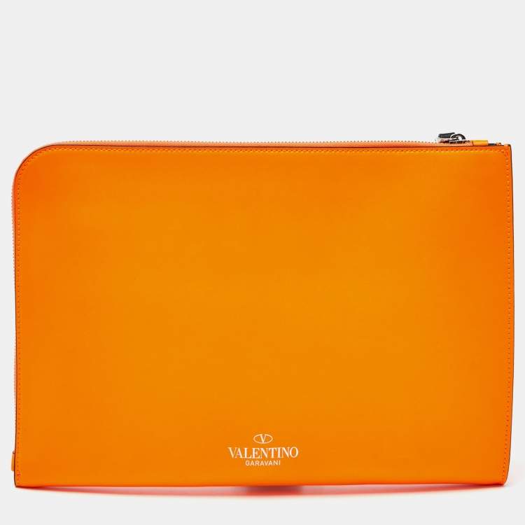 Pre Owned Valentino Neon Orange Leather VLTN Document Case