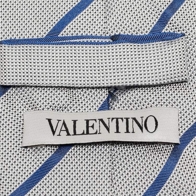 Pre Owned Valentino White/Blue Striped Silk Tie