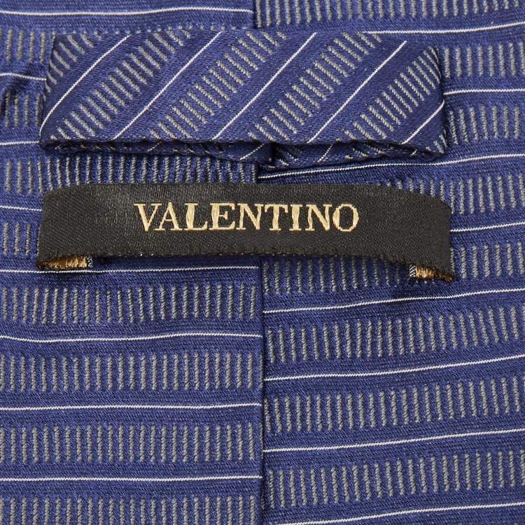Pre Owned Valentino Navy Blue Stripe Patterned Silk Tie