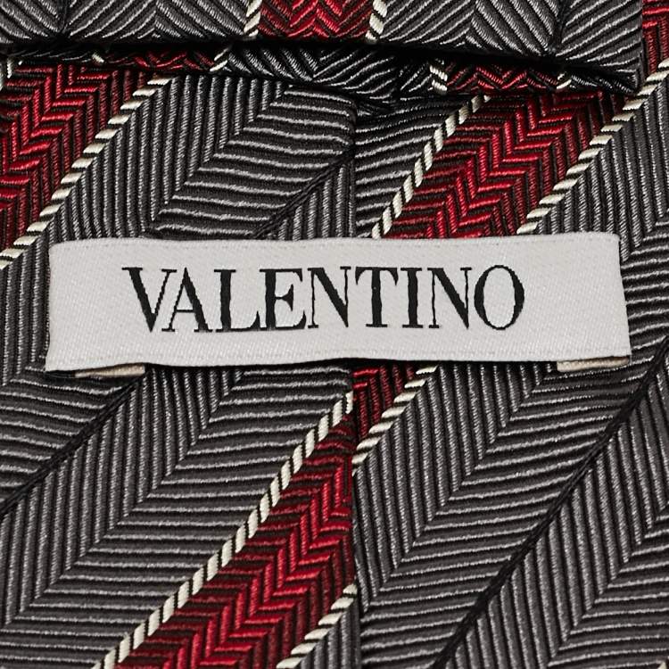 Pre Owned Valentino Grey Contrast Diagonal Striped Silk Tie