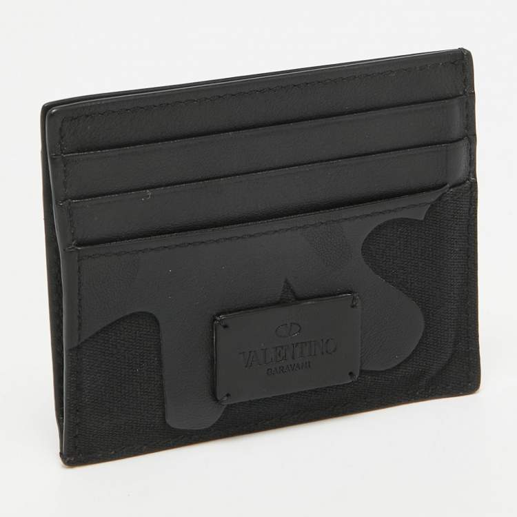 Pre Owned Valentino Black Camouflage Leather and Canvas Card Holder