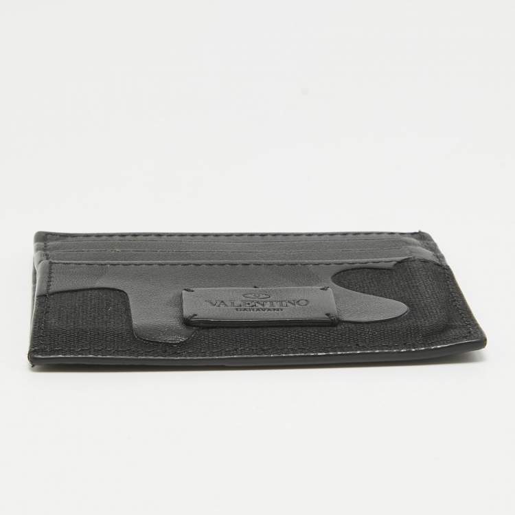 Pre Owned Valentino Black Camouflage Leather and Canvas Card Holder