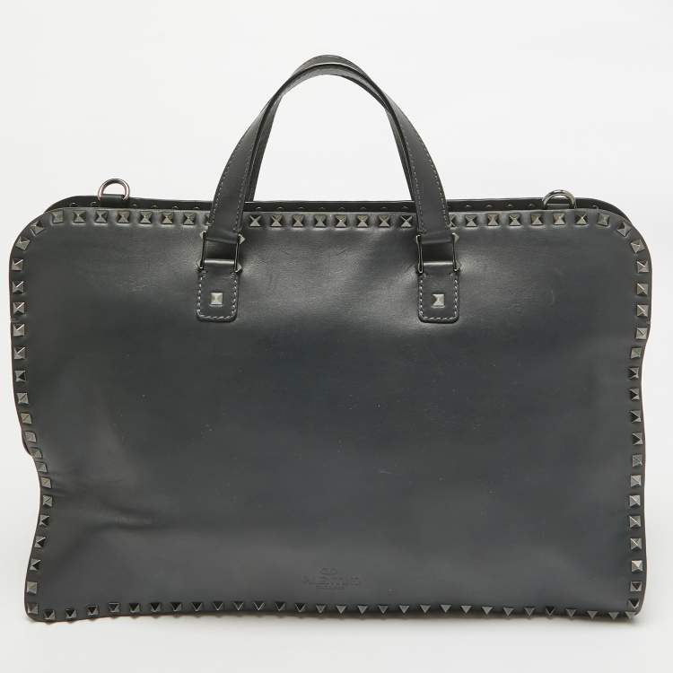 Pre Owned Valentino Black Leather Rockstud Briefcase Laptop Bag
