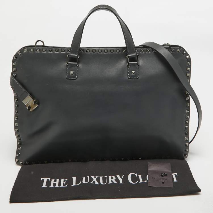 Pre Owned Valentino Black Leather Rockstud Briefcase Laptop Bag