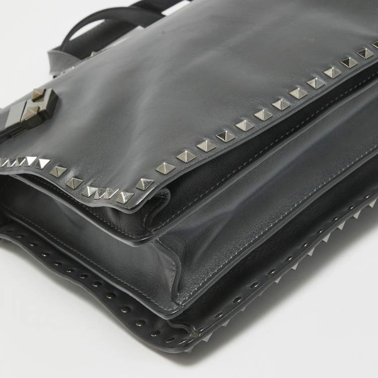Pre Owned Valentino Black Leather Rockstud Briefcase Laptop Bag