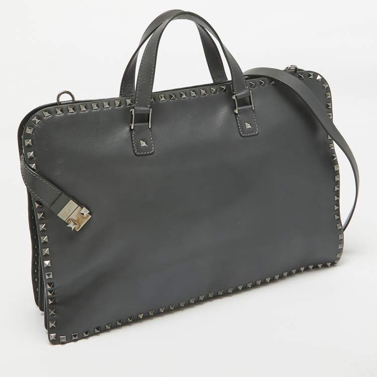 Pre Owned Valentino Black Leather Rockstud Briefcase Laptop Bag